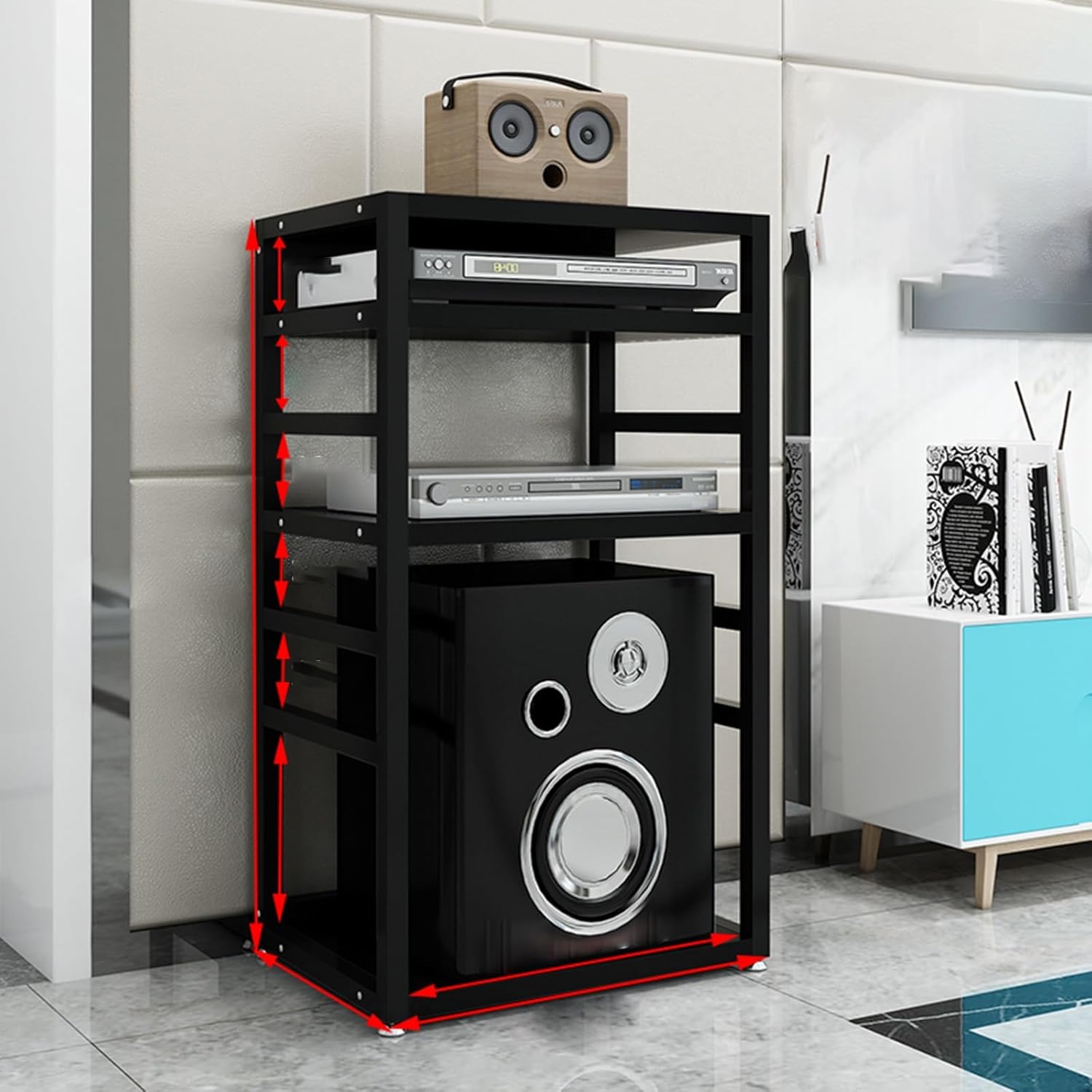 Stereo Stand Corner Entertainment Center Modern Audio-Video Media Stand 4-Tier AV Media Stand Corner Shelf Design AV Media Stand Movable Audio Rack Tower Player Stand for Living Gaming(Deep black)