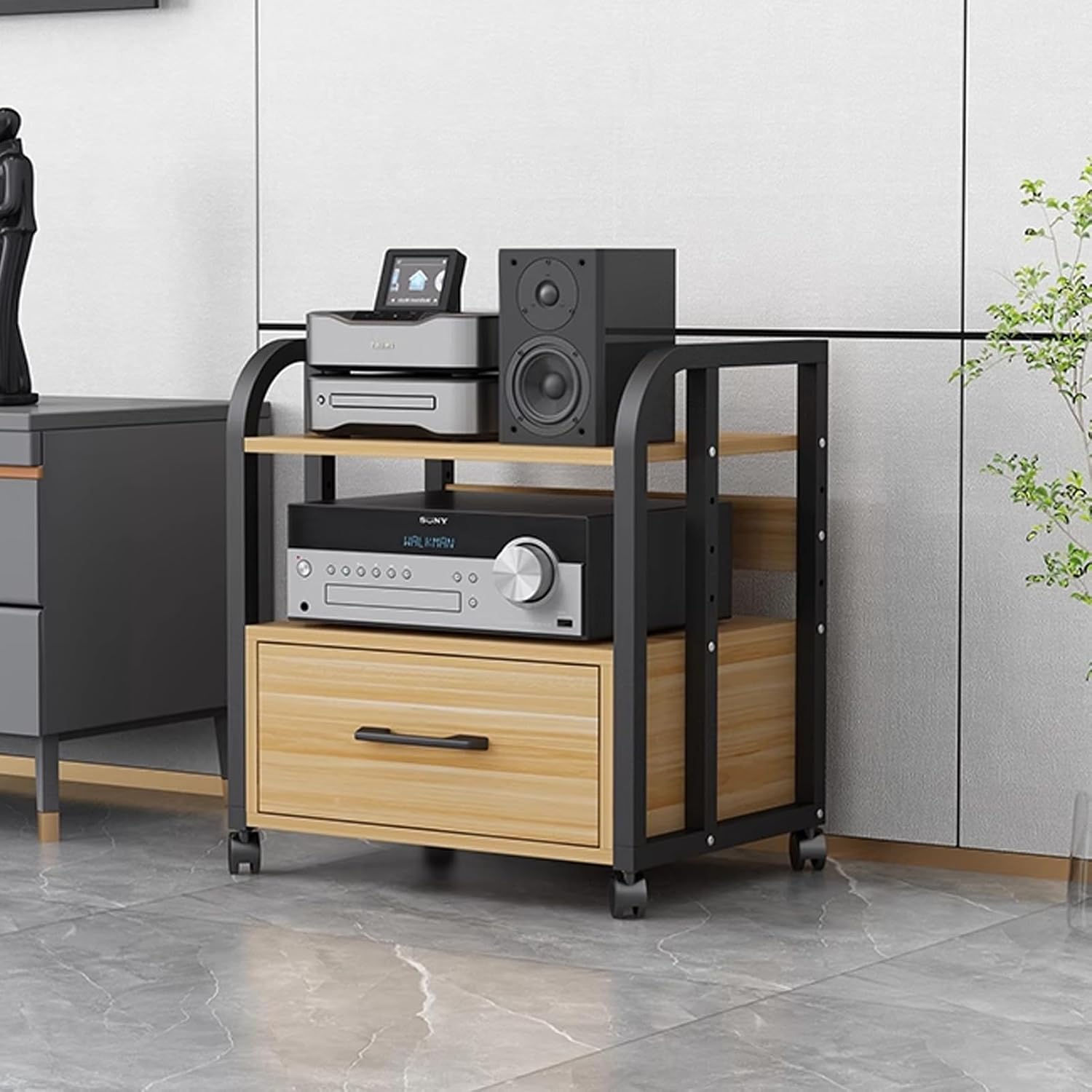 LYXWGRZD Media Stand 2/3/4 Tier Stereo Rack Audio Equipment Rack Audio Open Racks Media Storage Cabinet Wooden with Drawer AV Stand for Home Office Etc(Light Walnut