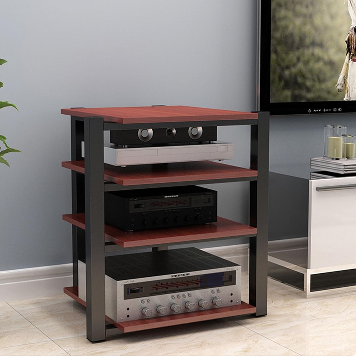 4-Tier Wooden Media Stand - Modern AV Storage Rack for Home