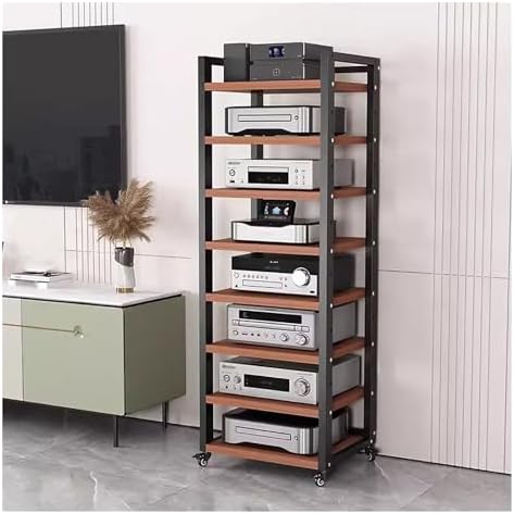 UYCVT Heavy Duty Media Storage Cabinet - 7-Tier Adjustable Audio-Video Rack with Rolling Shelves for Living Room Home Office - Tall Stereo Components Stand in Stylish Design-Black-#1-8 Tier
