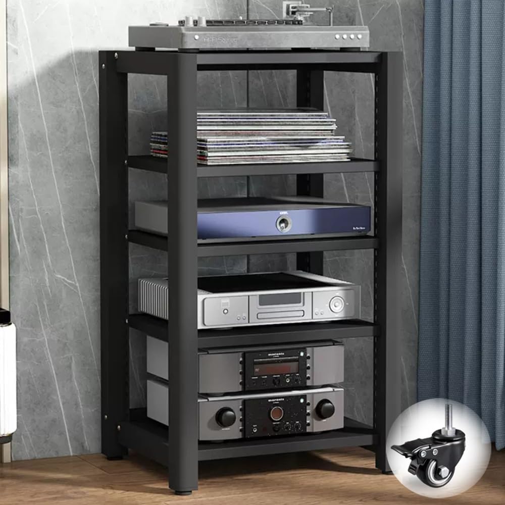 NILZA 2/3/4/5 Tier AV Media Stand Audio Rack CD Player Stand Audio/Video Component Cabinet Stereo Shelf with Wheel Floor-Standing Movable Storage Shelf for Home/Office/Theater(5 Tier-60x50x100cm)