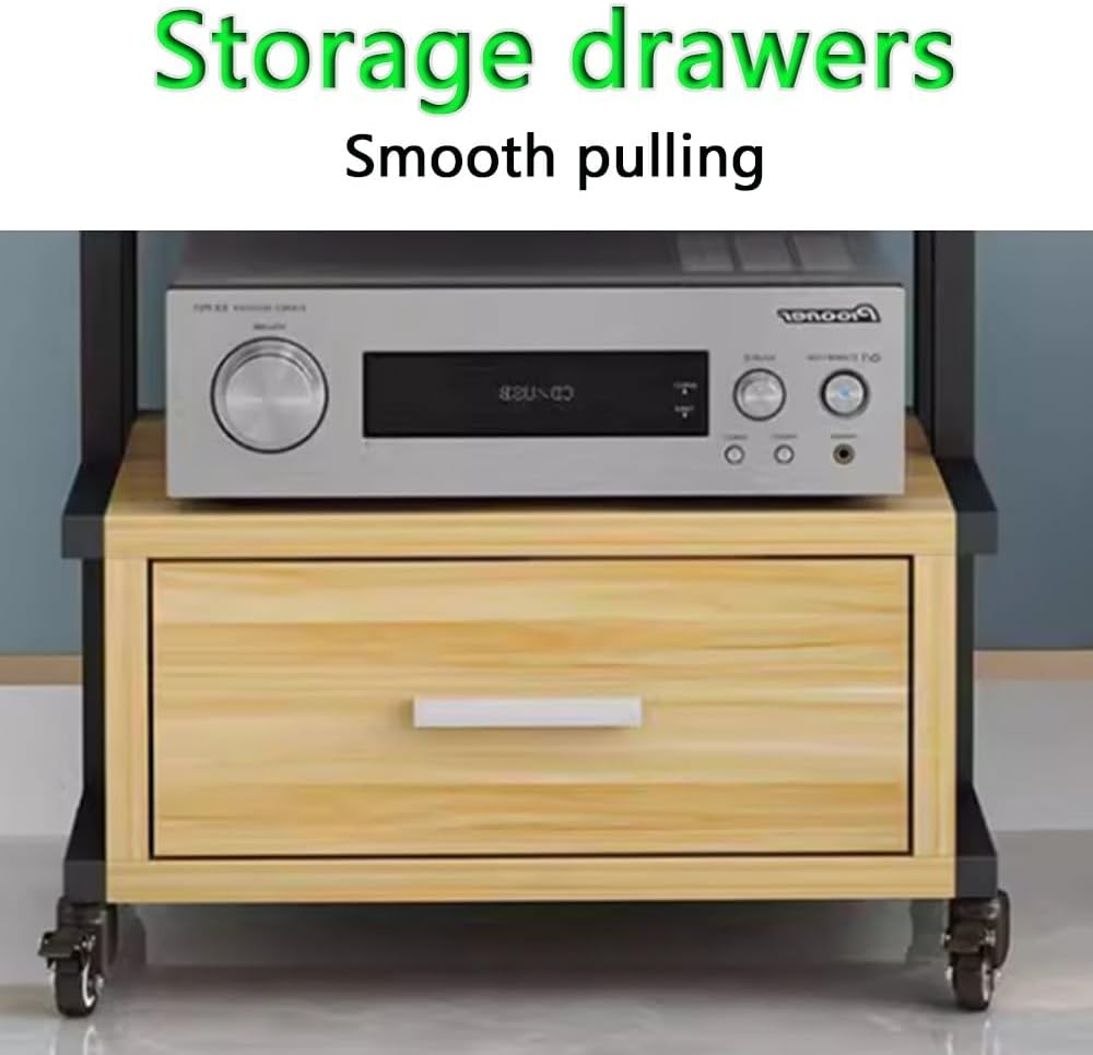 NILZA Audio Rack Media Cabinet 3/4/5-tier Stereo Stand Wooden Stereo Cabinet AV Rack with Drawer Audio/Video/Media Stand Corner Shelf Stereo Components Cabinet(Black+Walnut