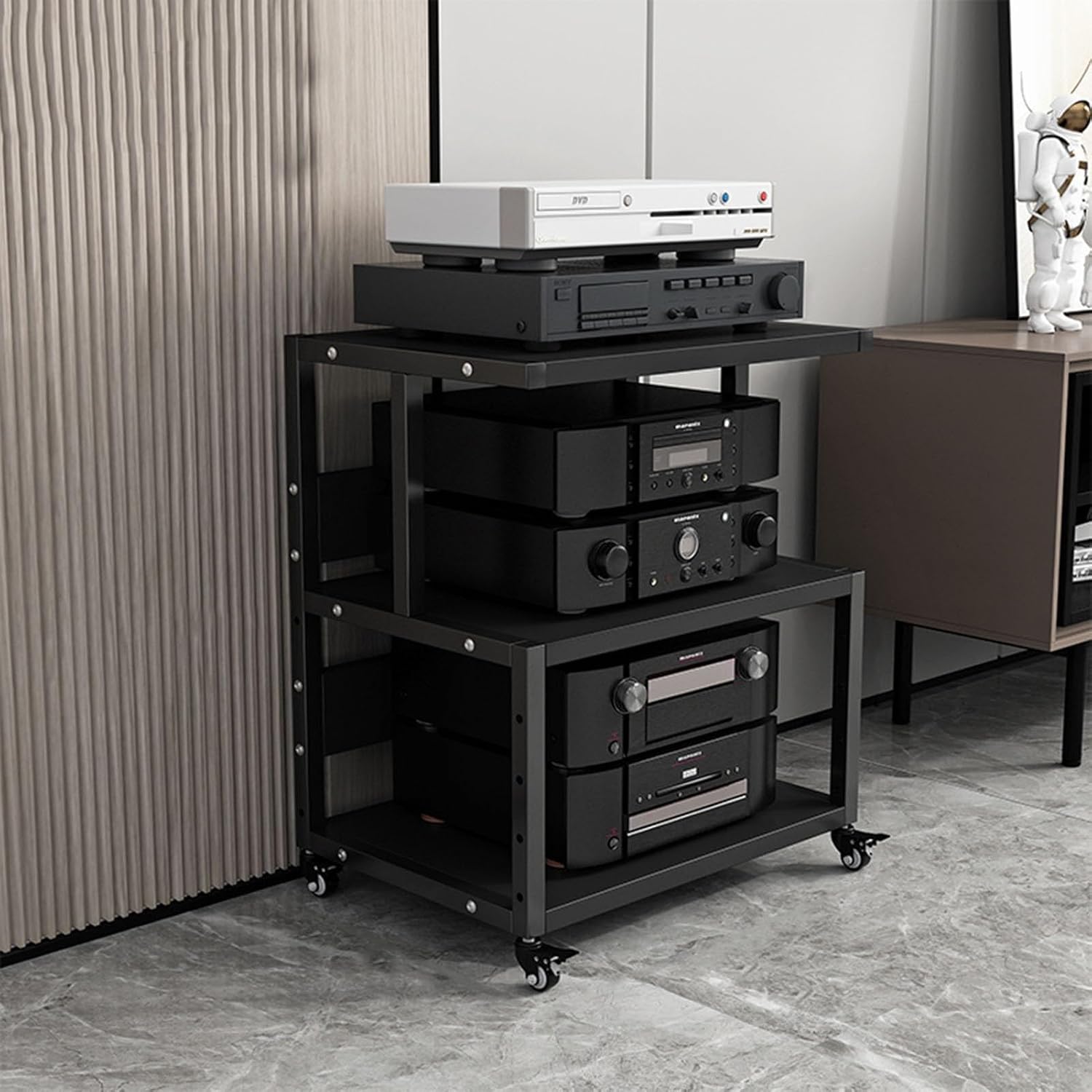 3-Tier Movable Media Stand DVD CD Player Stand Modern Stereo Component Cabinet Audio Vedio Rack Tower Open Storage Wooden Shelf for Home/Office/Theater(Color:B)