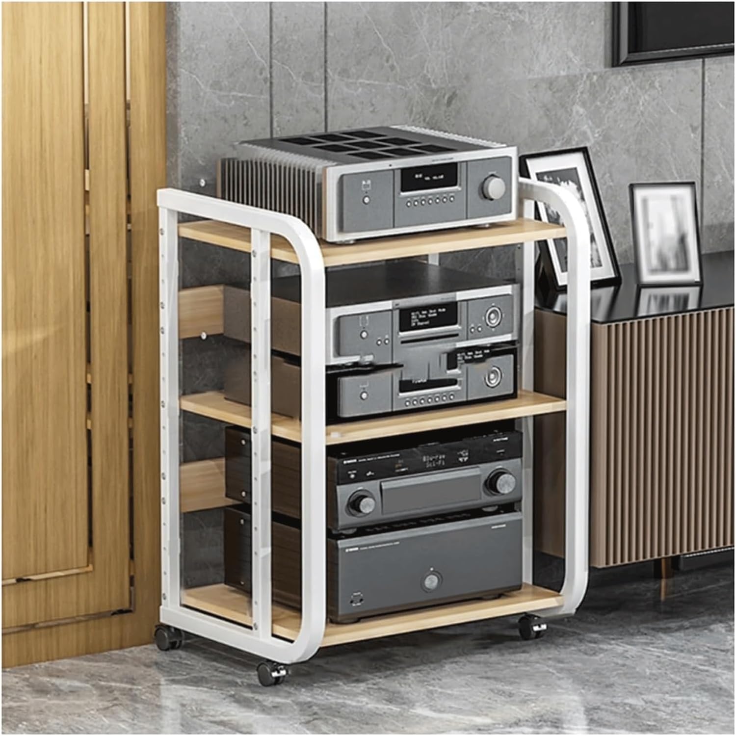 PZEOB Audio Tower Rack Modern Media Stand Adjustable Audio-Video Shelving Open Design AV Storage Shelves with Wheels Record Player Stand(White