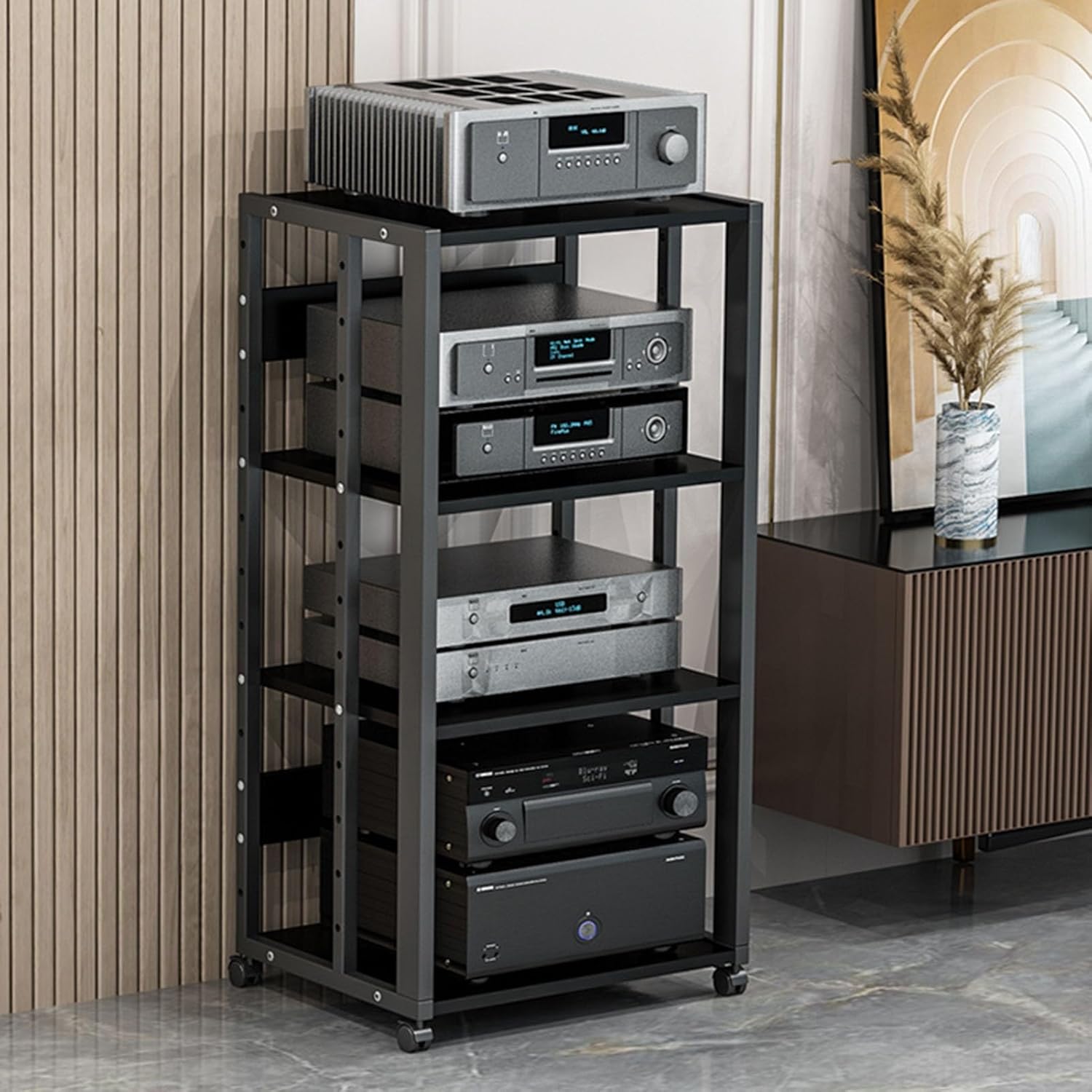 3/4/5-Tier Furniture Media Stand DVD CD Player Stand Audio Rack Power Amplifier Equipment Cabinet with Height Adjustable Wooden Shelf Floorstanding Storage Shelves (Color : Black