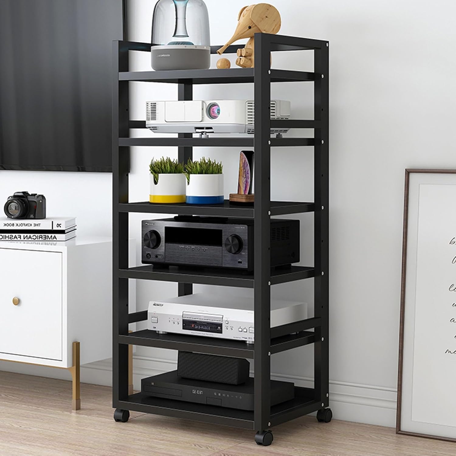 Movable 6-Tier AV Media Stand Corner Shelf CD Player Stand Entertainment Stereo Component Cabinet Audio Rack Tower with Height Adjustable Wooden Shelf for Home/Office/Theater(Color:C)