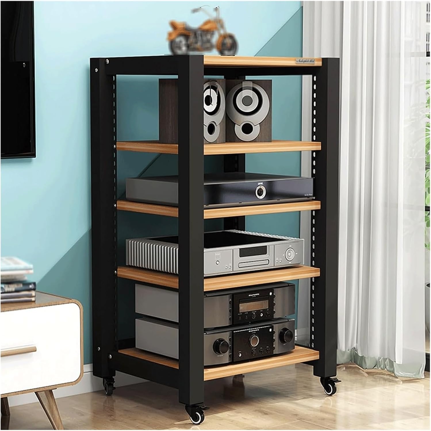 PZEOB Audio Rack AV Media Stand Wooden Audio Rack Tower Stereo Cabinet with Wheels Stand Adjustable Media Storage Shelves Stereo Rack(Wood