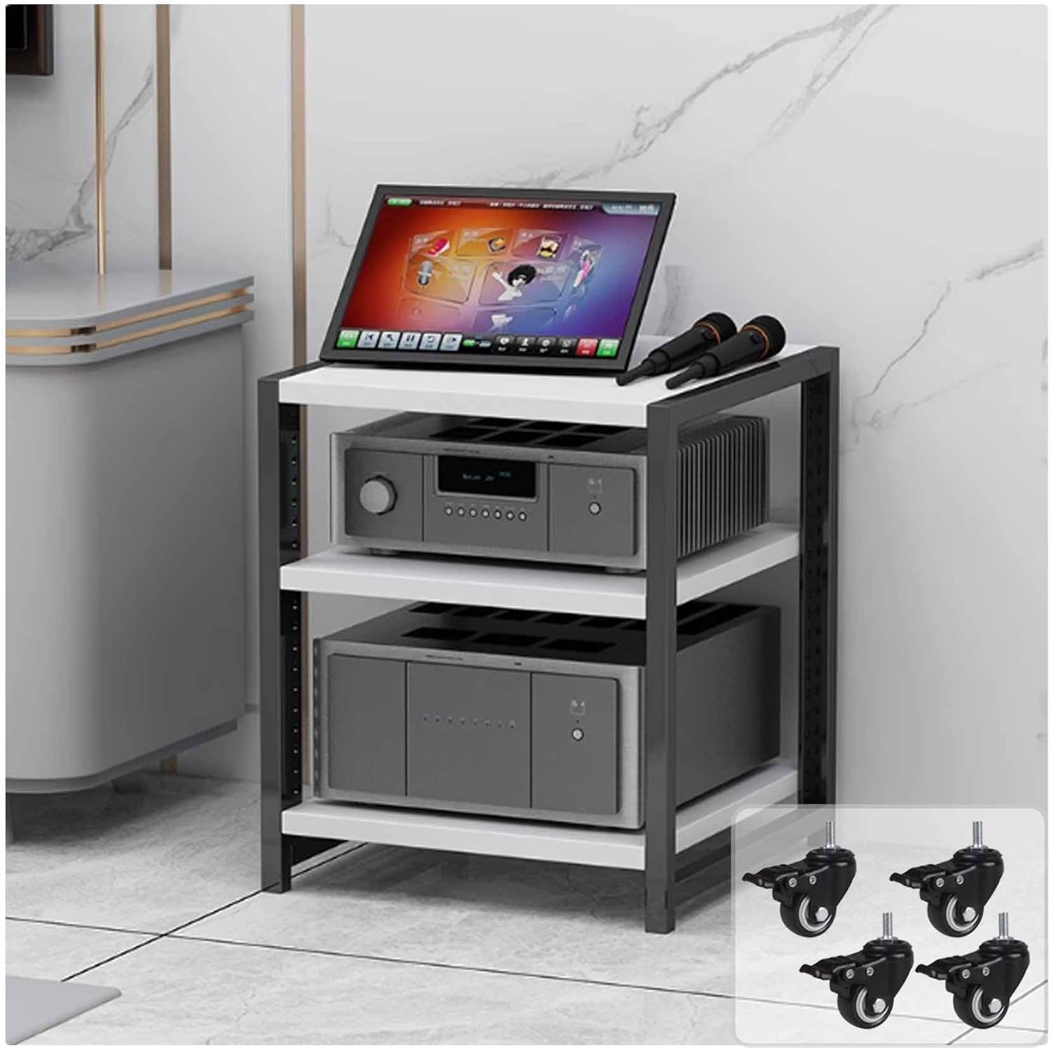 OVOGGPAN 3/4/5/6-Tier Open AV Media Cabinet Stand with Wheel Stereo Component Storage Cabinet Audio-video shelving for Living Room/Bedroom/Farmhouse Standing(White