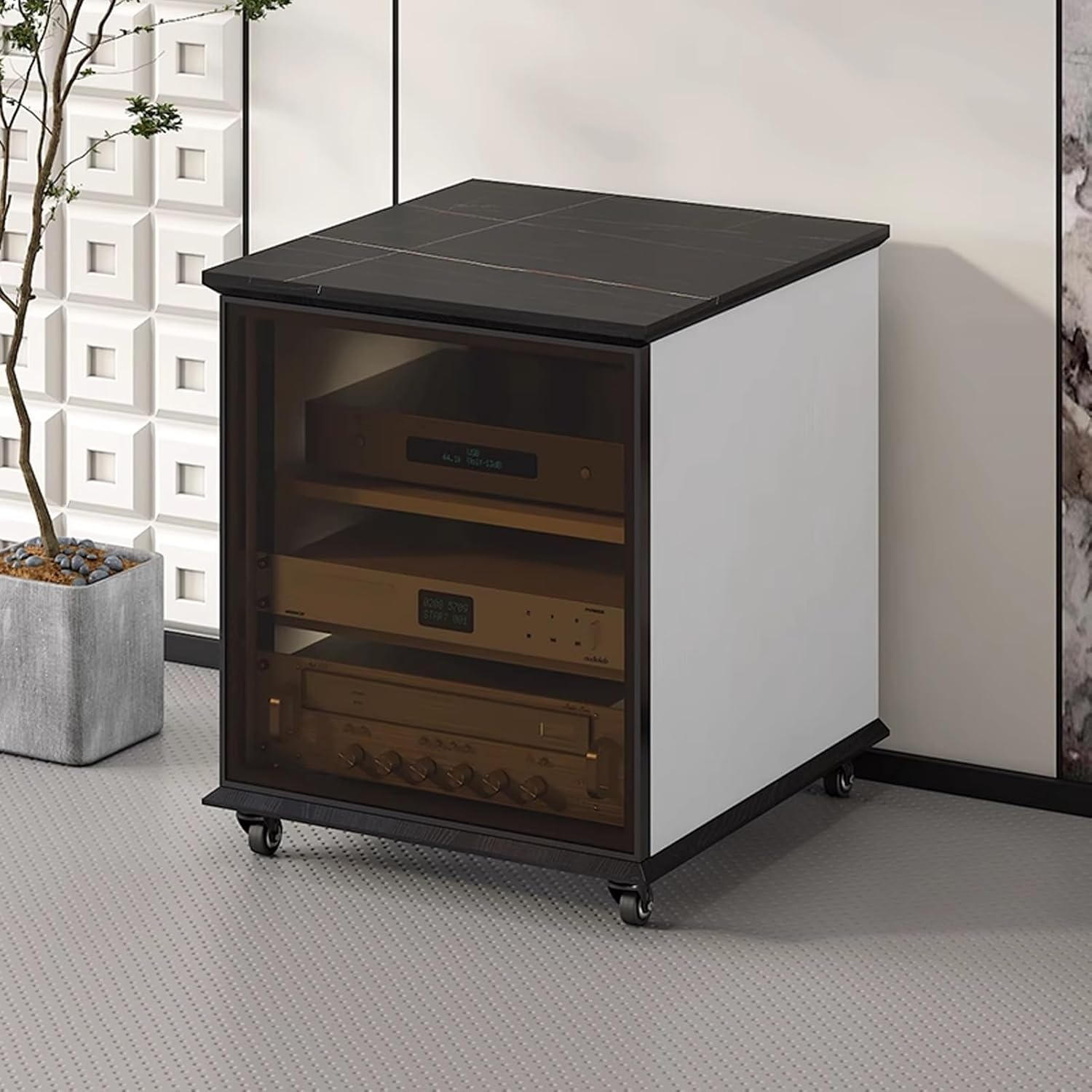 LYXWGRZD Media Storage Cabinet with Glass Door Stereo Cabinet with Adjustable Shelves & Wheels Rock Slab Top Audio-Video Rack Stand for Theater Organizer(White