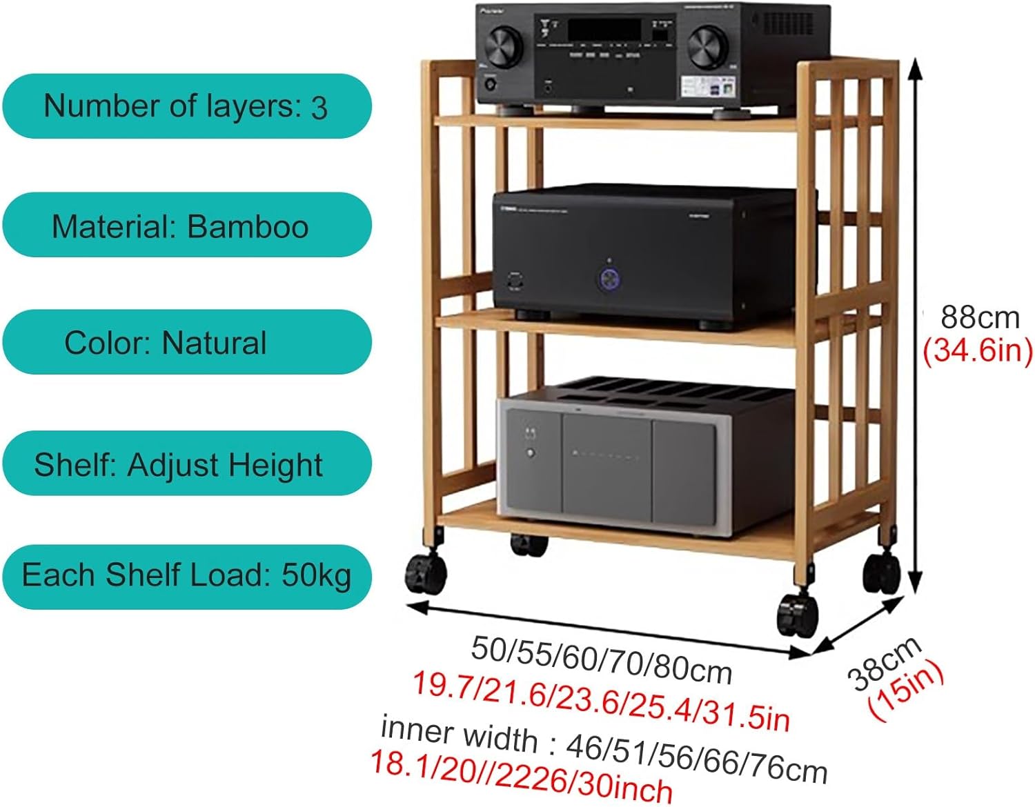 USZWBY 2 3 4 5 Tier Stereo Rack System Cabinet with Height-Adjustable Shelf & Wheels