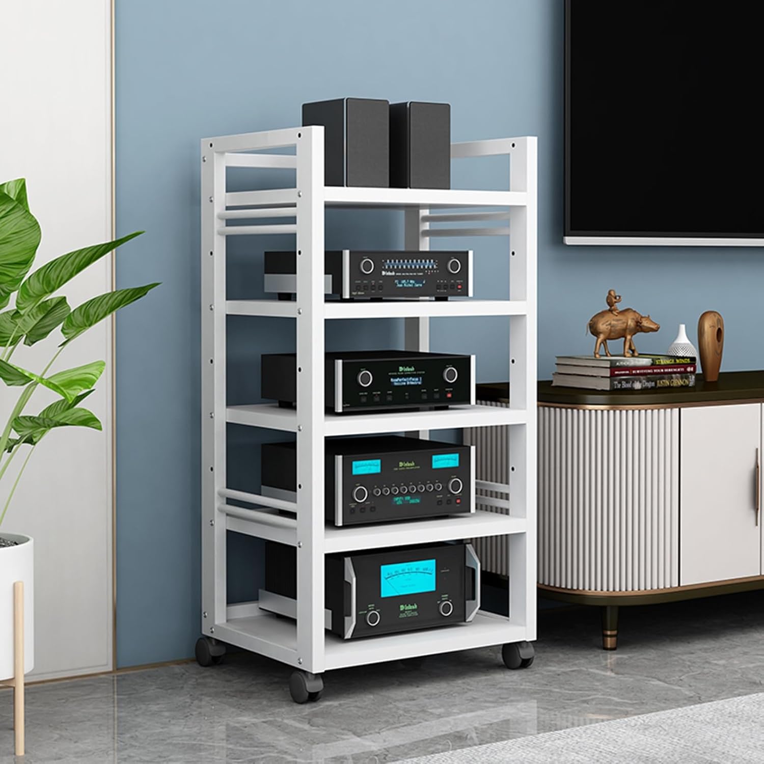 4/5-Tier Movable Amplifier Stand AV Media Stand CD Player Stereo Shelf Home Theatre Equipment Storage Shelf Multi-Function Open Cabinet Audio Video Component Cabinet (Color : B
