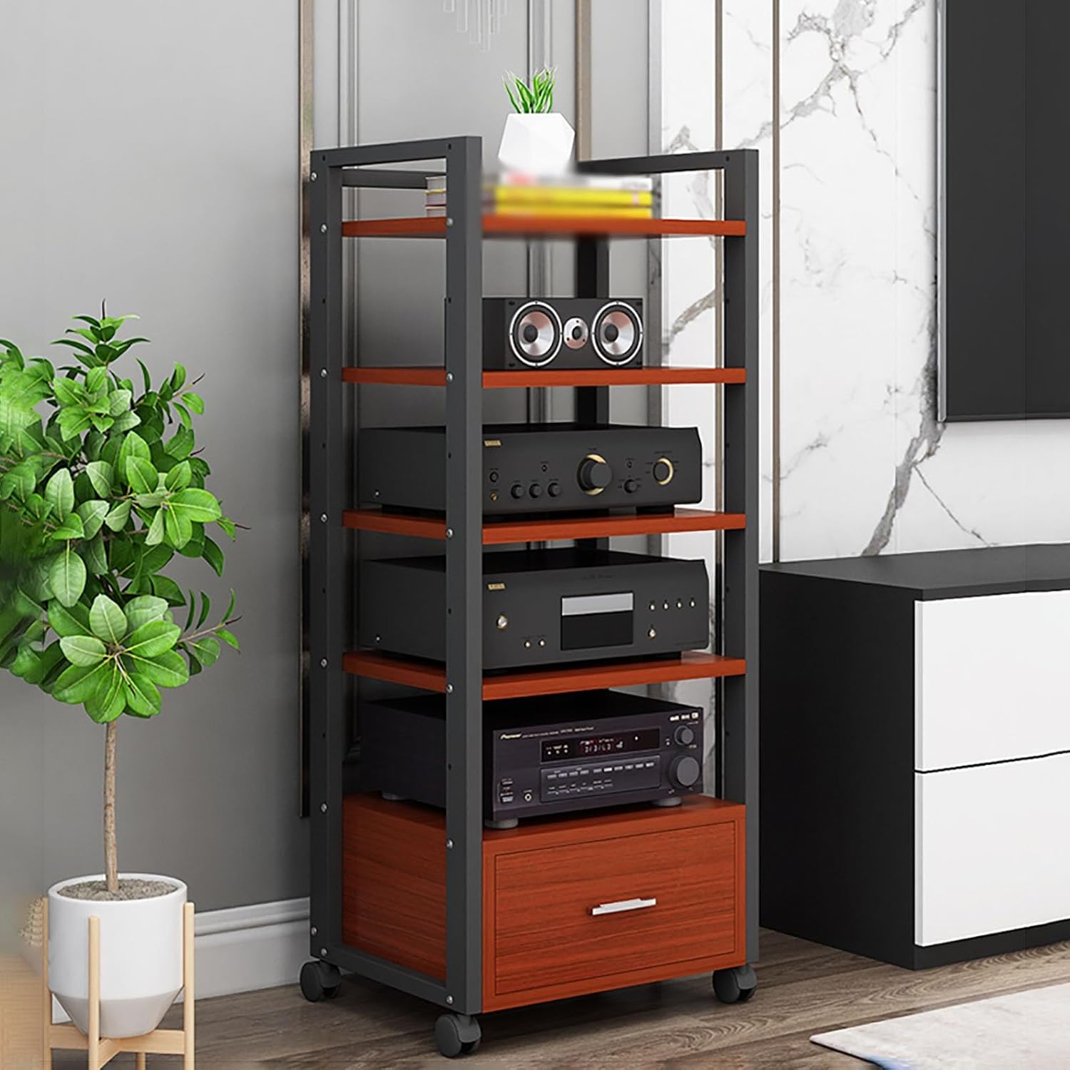 YLLFFLL 5-Tier AV Media Stand with Drawer - 120cm Tall Audio Rack Tower with Adjustable Heigth Shelves - Large Media Console Record Player Stand for Living Room Bedroom(Black-C)