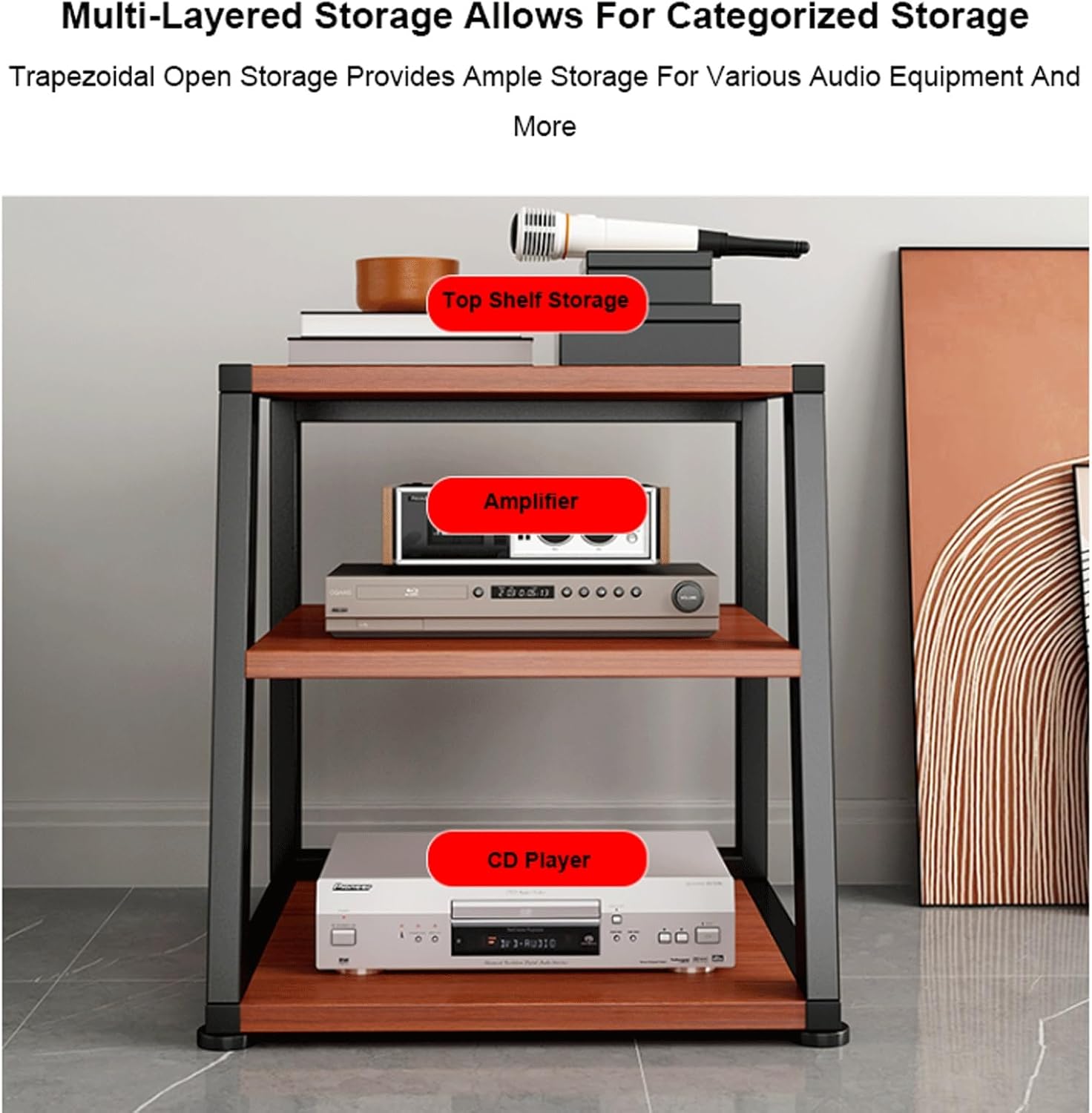 XMFBSY Medios AV Media Stand with Wheels Trapezoidal Game Console Shelf Rolling Home Stereo System Entertainment Components Cabinet for Record Player Organizer(Black