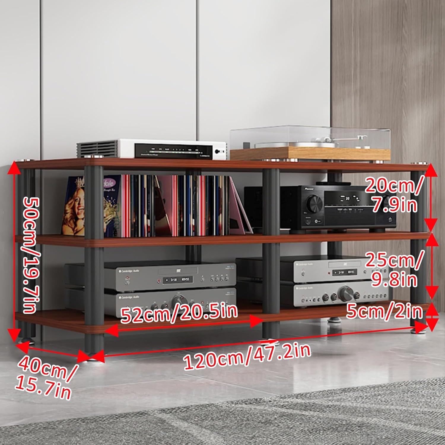 4-Tier AV Media Stand Corner Shelf Design AV Media Stand Stereo Audio Rack Stand Tower Storage for Entertainment Stereo Component Entertainment Video Game Console Cabinet Shelf(Teak