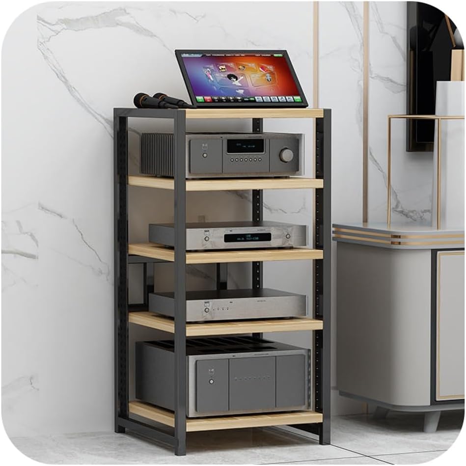 BIUBPW 5 Tier Professional Audio Rack AV Media Stand Height Adjustable CD Player Stand Stereo Component Audio Amplifier Media Storage Cabinet(Natural)