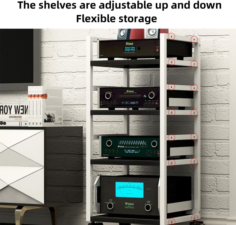 MUGVFVCSQ 4 Tier Open AV Media Stand With Wheel Movable Media Storage Cabinet With Height Adjustable Shelf
