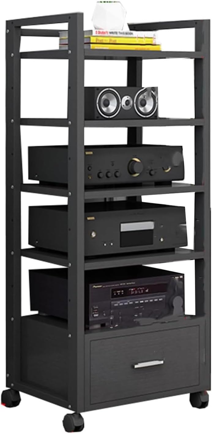 60cm Long Multi-Tier Audio Rack with Drawer Amplifier Stand HiFi AV Cabinet Mobile Kickstand CD Rack Media Storage Shelf
