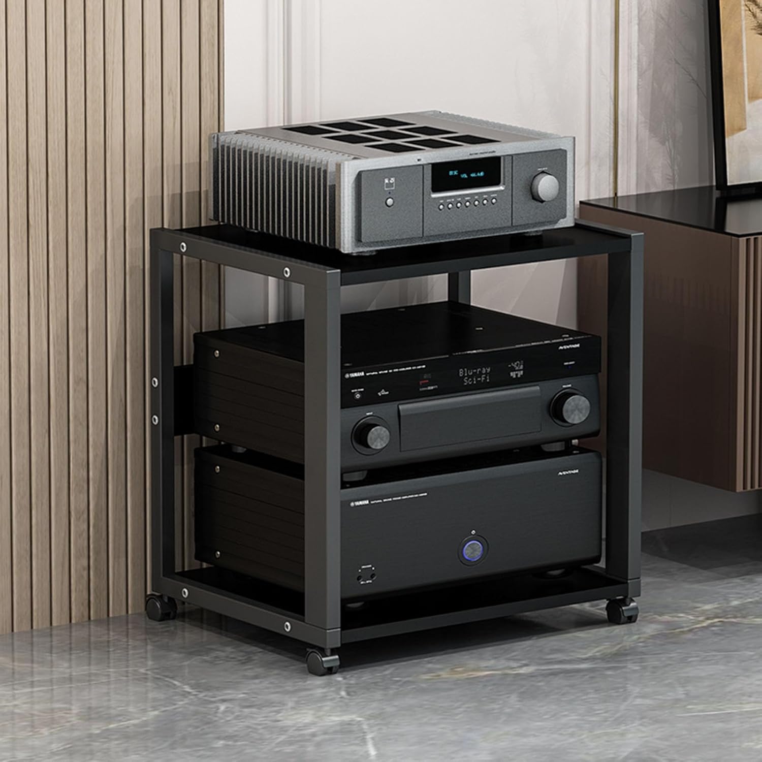 DLYZAYE 2-Tier AV Media Stand Corner Shelf DVD Players Stand Stereo Component Cabinet Audio Rack Stand with Height Adjustable Wooden Shelves for Home/Office/Theater