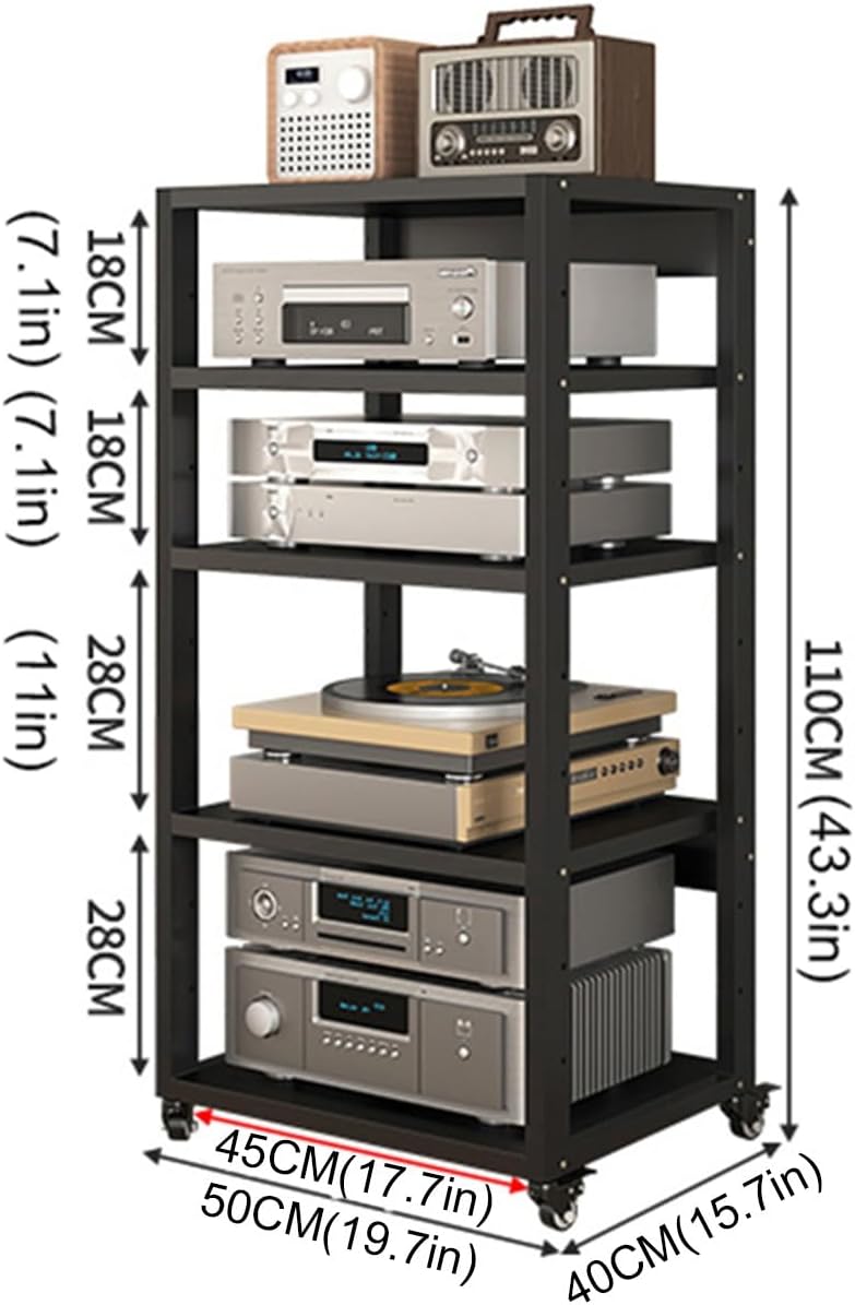 5-Tier Movable AV Media Stand CD Player Stand Stereo Component Cabinet Media Center Audio Tower Media Storage Rack with Height Adjustable Steel Shelf for Home/Office/Theater (Size : 50x40cm(19.7x15.7