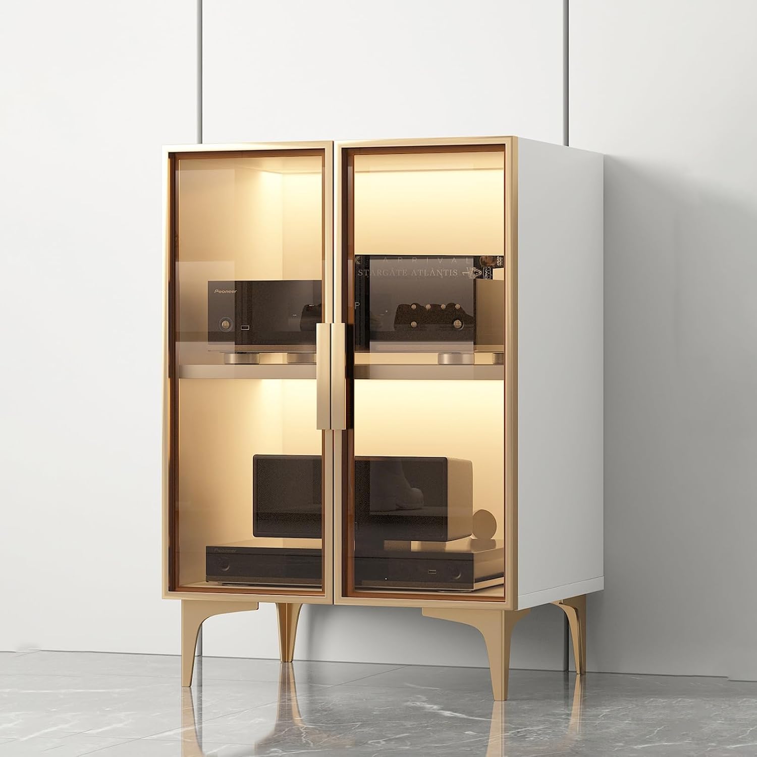 BAYTEWJX AV Cabinet 2/3 Tier Modern Stereo Rack System Cabinet Media Storage Cabinet with Glass Doors Media Console for Gaming Meeting Living Recording Room (White