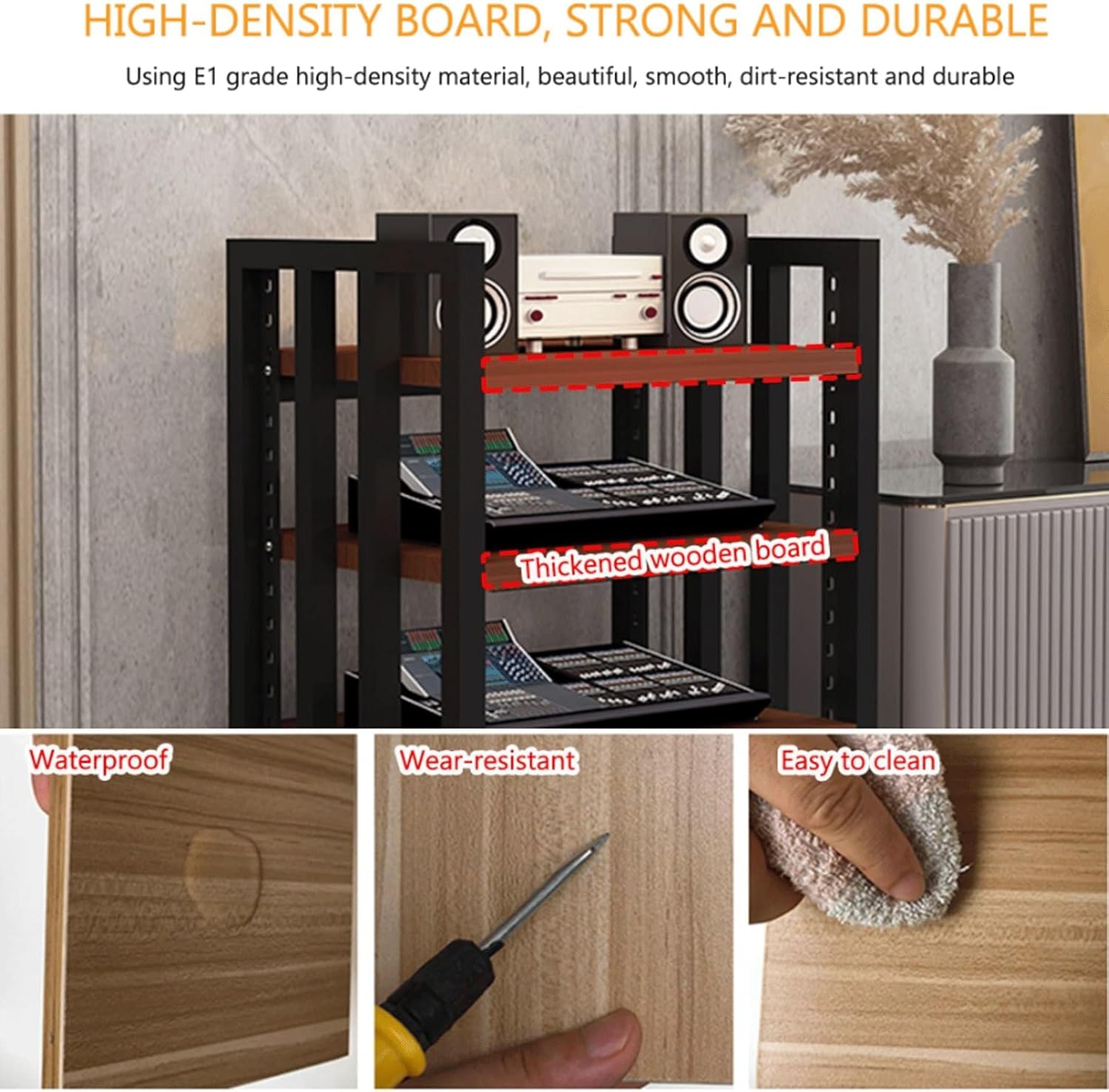 XMFBSY Medios 4-Tier AV Media Stand HiFi Stand Audio Tower Rack with Adjustable Shelves Wooden Stereo Component Cabinet for Record Player TV Box Game Console Organizer(Natural)