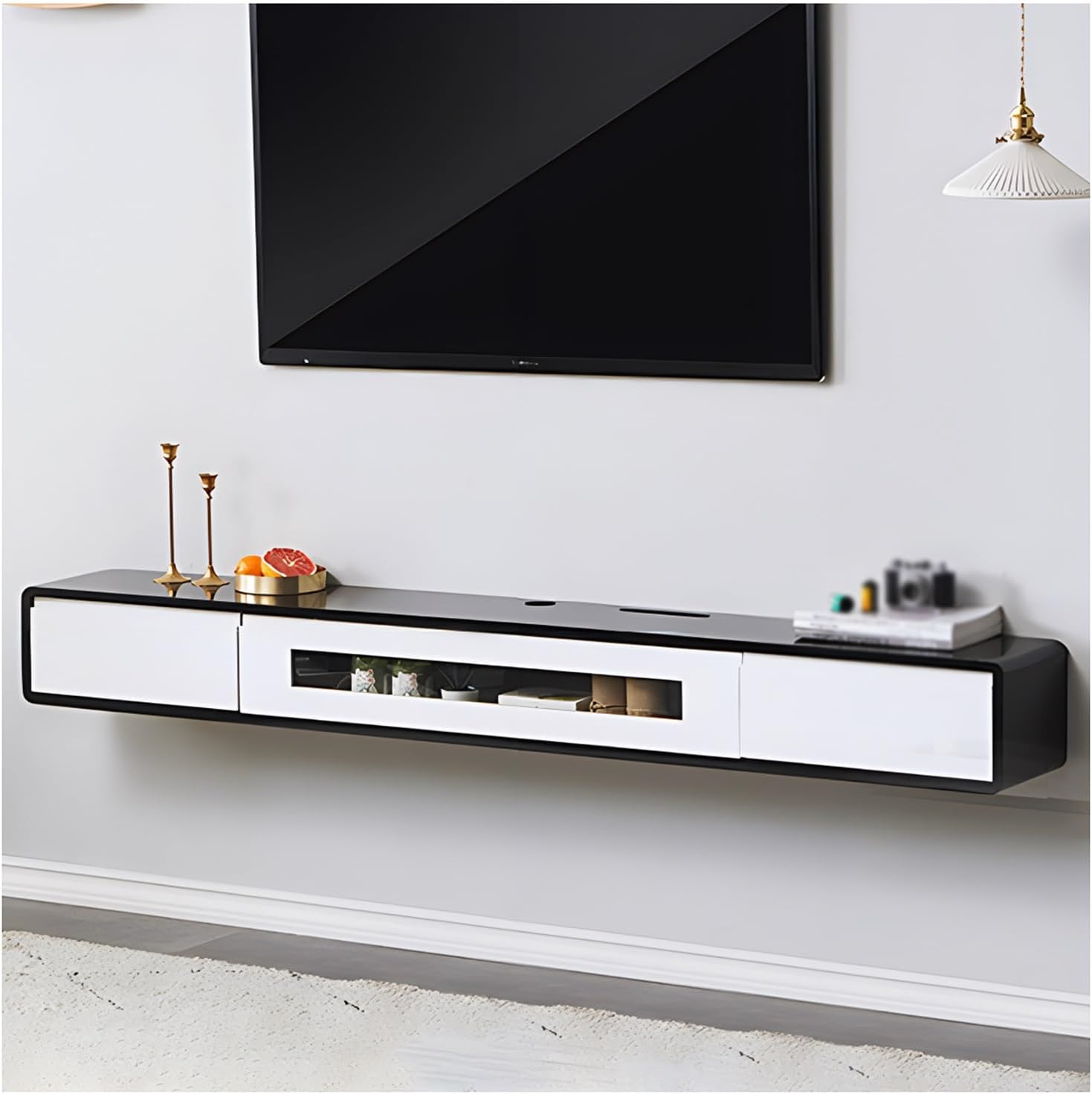 UYCVT Floating Tv Cabinet with Drawers and Glass Door Storage Wall Mounted Entertainment Media Console for Living Room Bedroom Or Media Room Stylish and Functional Tv Stand-White+black-140cm