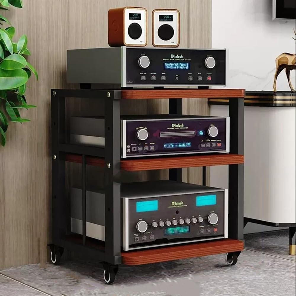 NILZA Movable Media Storage Cabinet Floor-Standing Audio Rack AV Media Stand Adjustable 3/4/5 Tier Wooden Shelves Stereo Rack Audio Tower Stand For TV Audio Video Components Stereo Equipment(Black+Tea