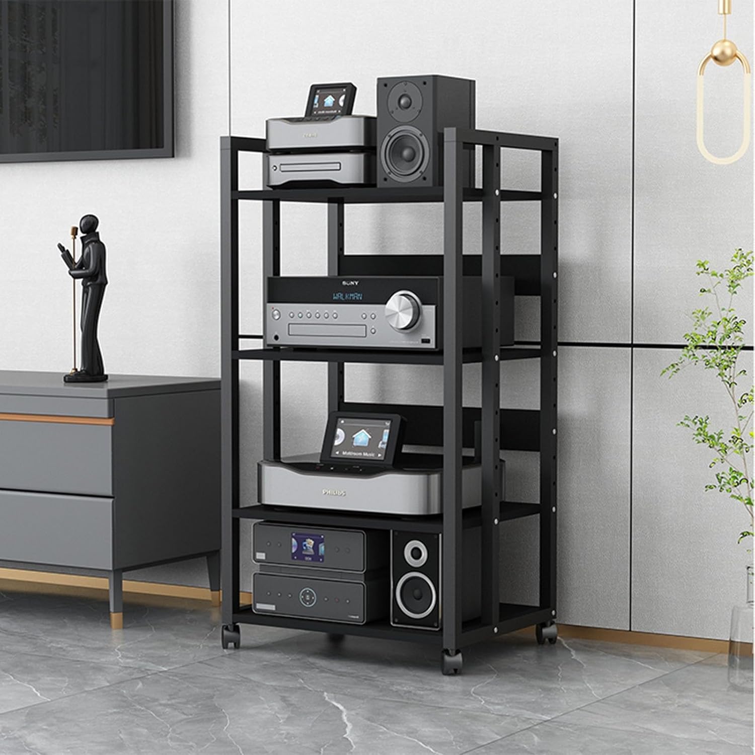 4/5-Tier Media Stand Movable Storage Cart Audio/Video Component Cabinet CD Player Stand Stereo Rack Open Audio Tower with Height Adjustable Wooden Shelf for Home/Office/Theater (Size : 4-Tier)