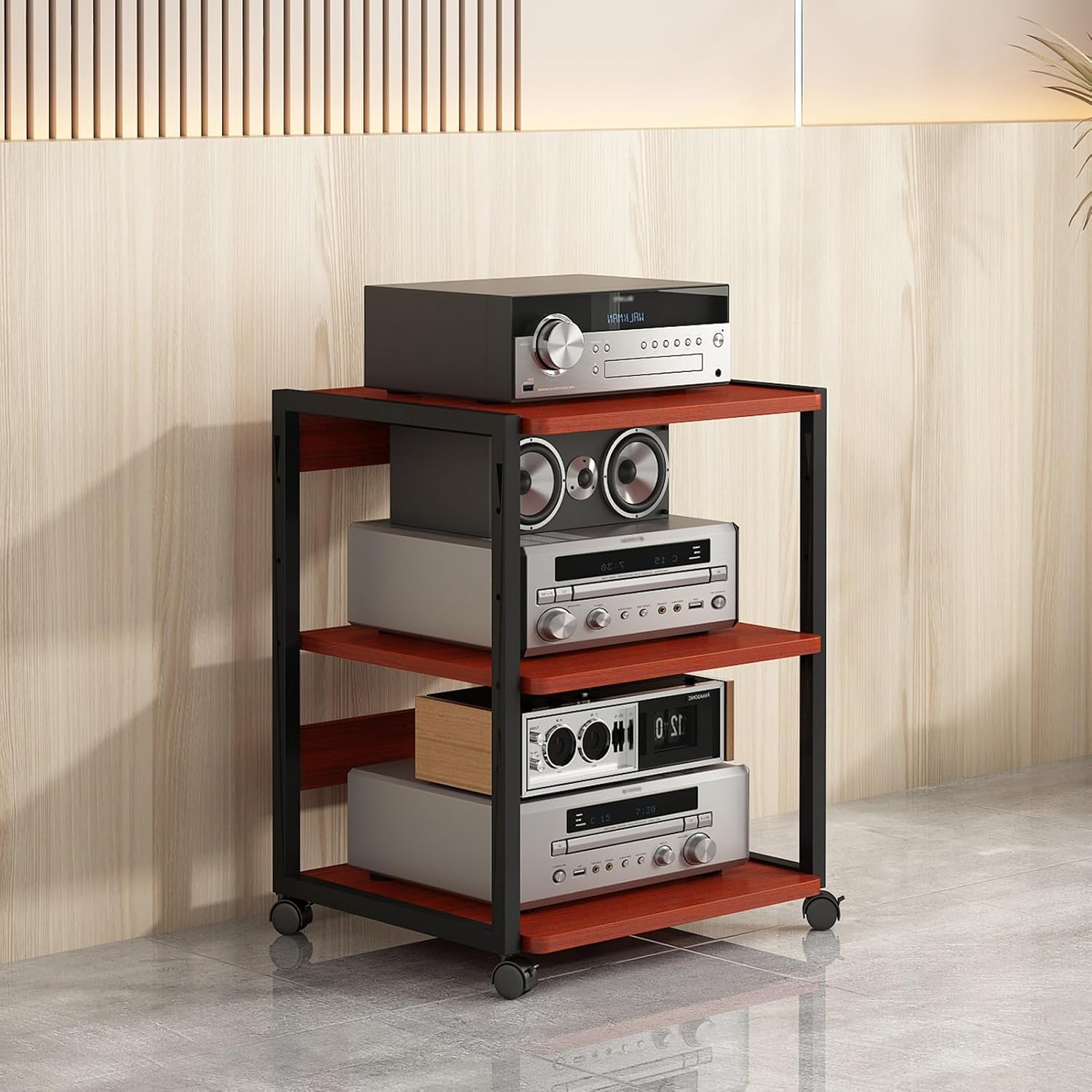 KOMFGT Stylish Modern Stereo Stand Cabinet 3/4/5-Tier Media Console Corner Entertainment Center with Wood Shelves for Audio/Video Cd Rack & Home Storage