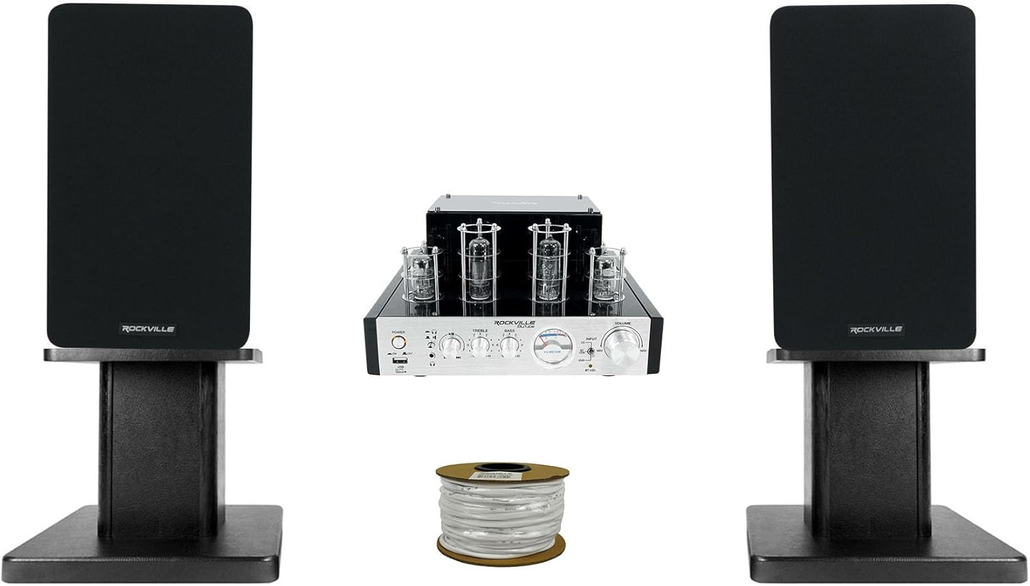 Rockville BluTube Bundle: 70W Tube Amplifier Bluetooth Home Stereo, Pair RockShelf 54B 360W 5.25 in Bookshelf Speakers, Pair RHT8B 8 in Desktop Stands, RCC14-100-2 14 AWG 100 ft Speaker Wire, 4-Items