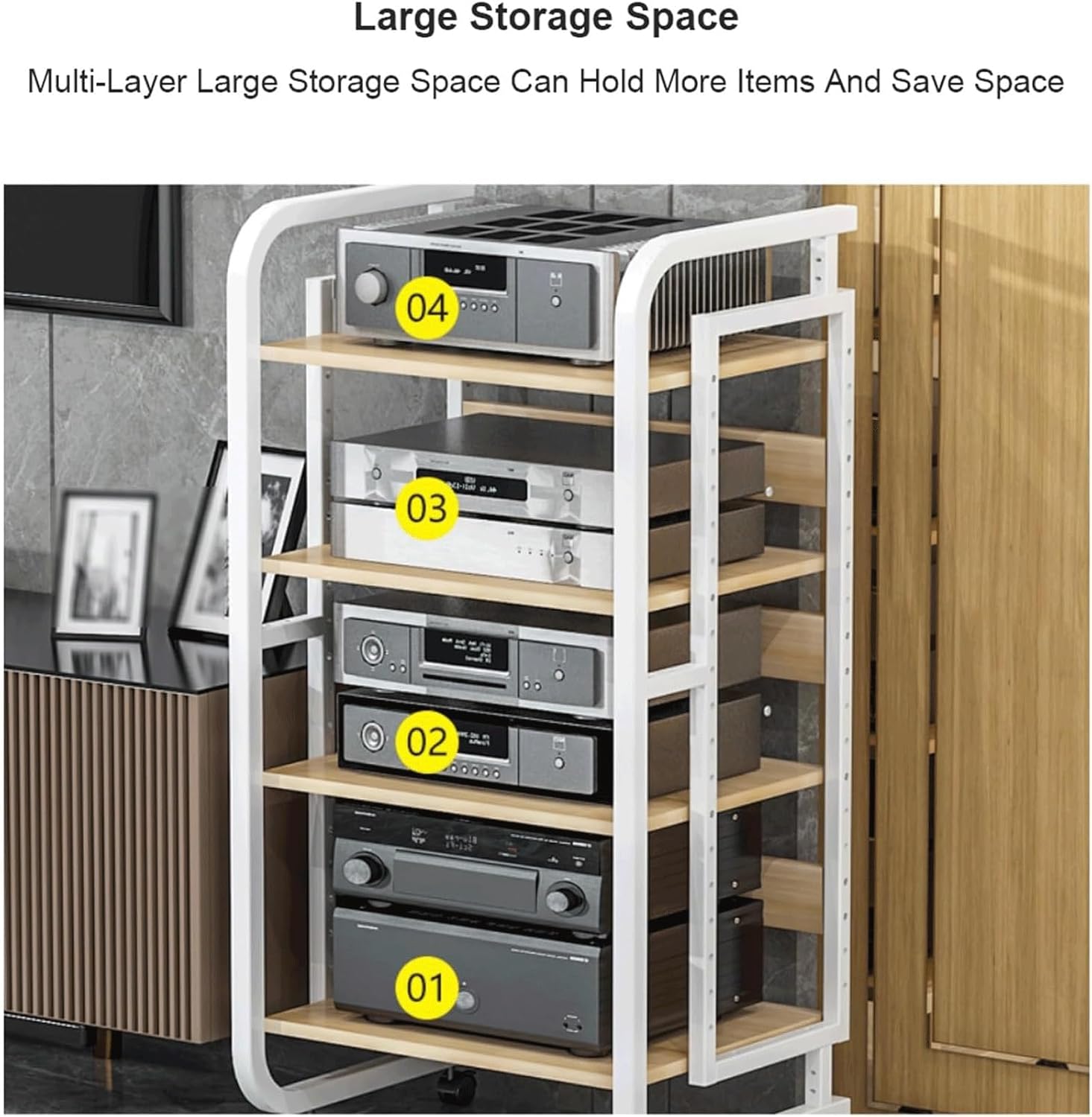PZEOB Audio Tower Rack Modern Media Stand Adjustable Audio-Video Shelving Open Design AV Storage Shelves with Wheels Record Player Stand(White