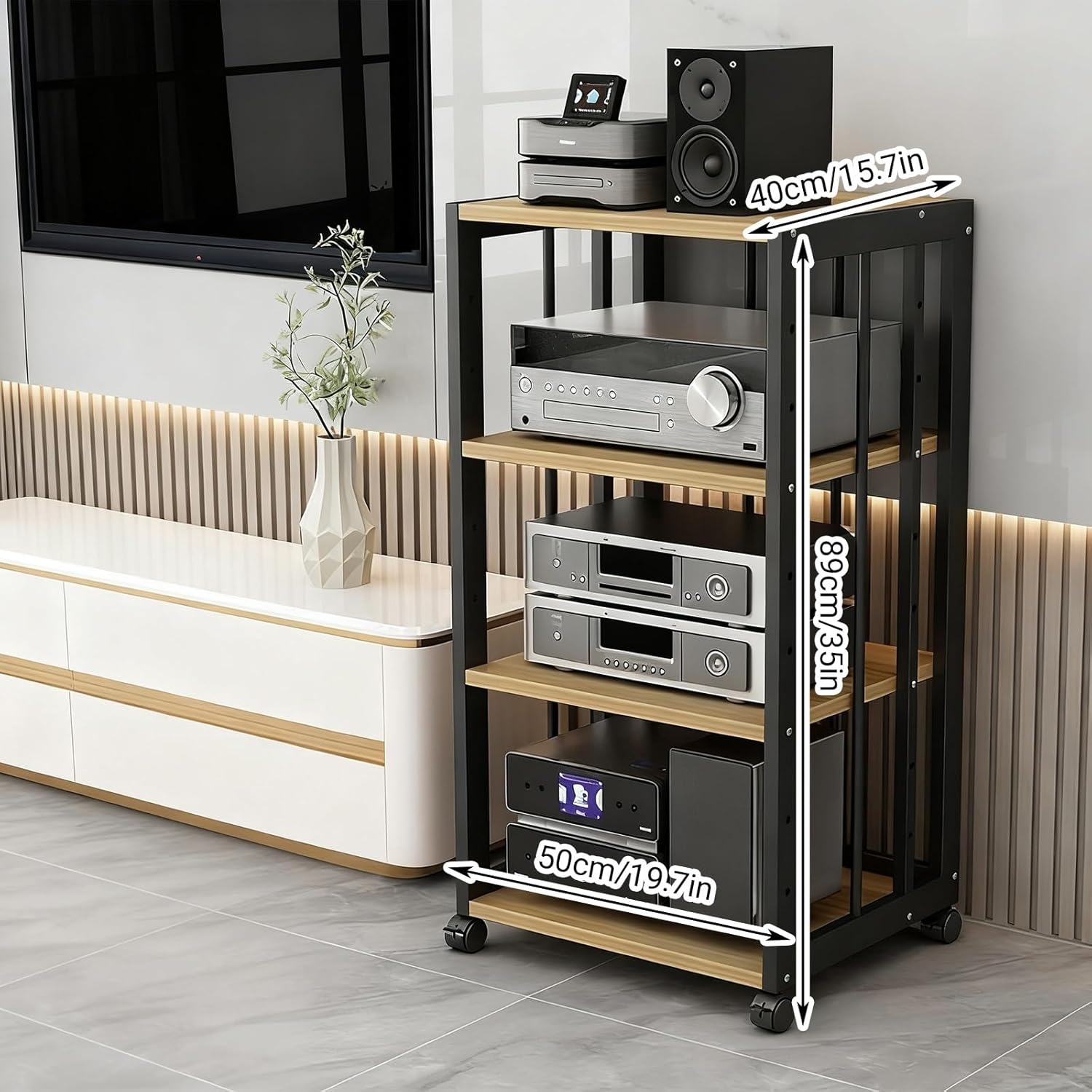 Multi-Functional AV Audio Stereo Cabinet with Wheels Open Wooden WiFi Router Placement Cabinet with Adjustable Shelves AV Audio Rack Perfect for DVD Players Game