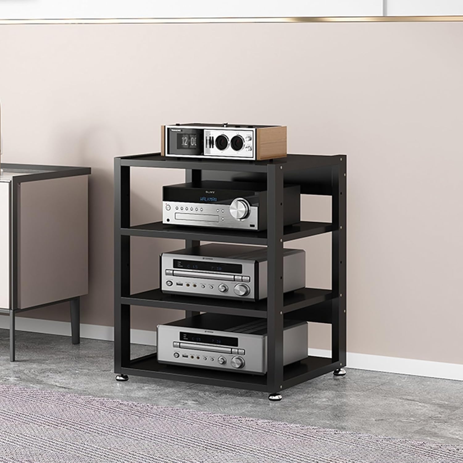 4-Tier Media Stand Audio/Video Component Cabinet with Wooden Shelf