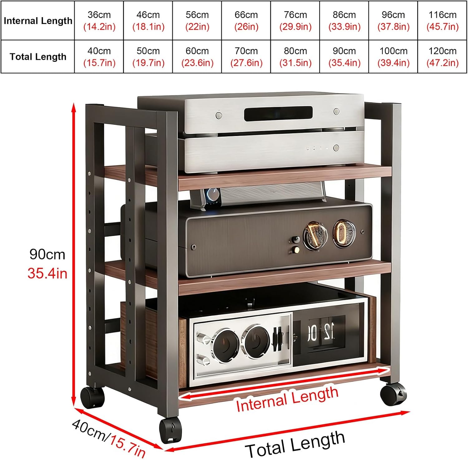 3-Tier Adjustable Audio Rack with Rolling Wheels - Heavy-Duty Media Stand for Amplifiers