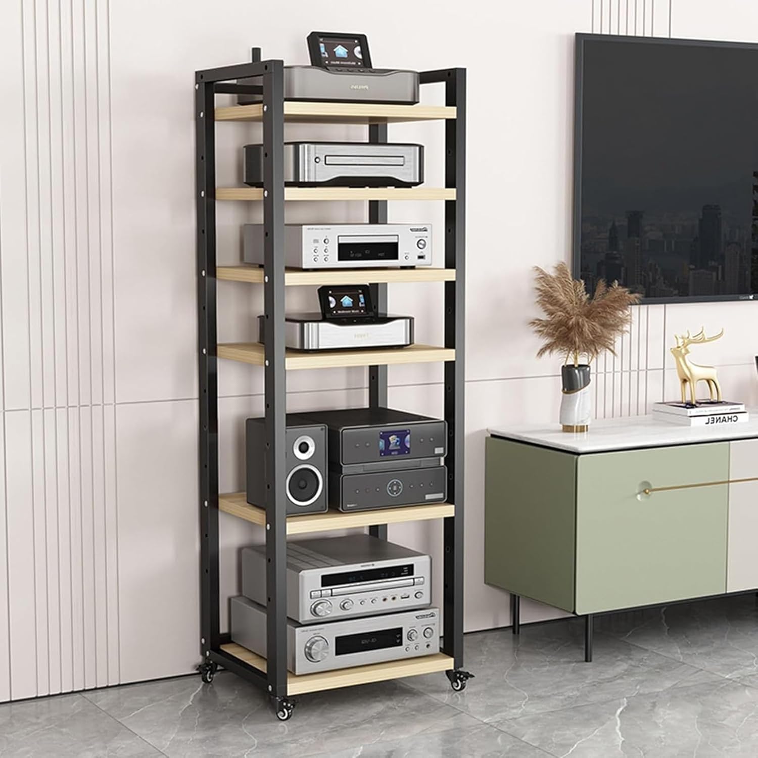 5/6/7/8-Tier CD Rack Wooden Corner Shelf Movable AV Media Player Stand Stereo Component Cabinet Multi-Function Open Storage Shelf