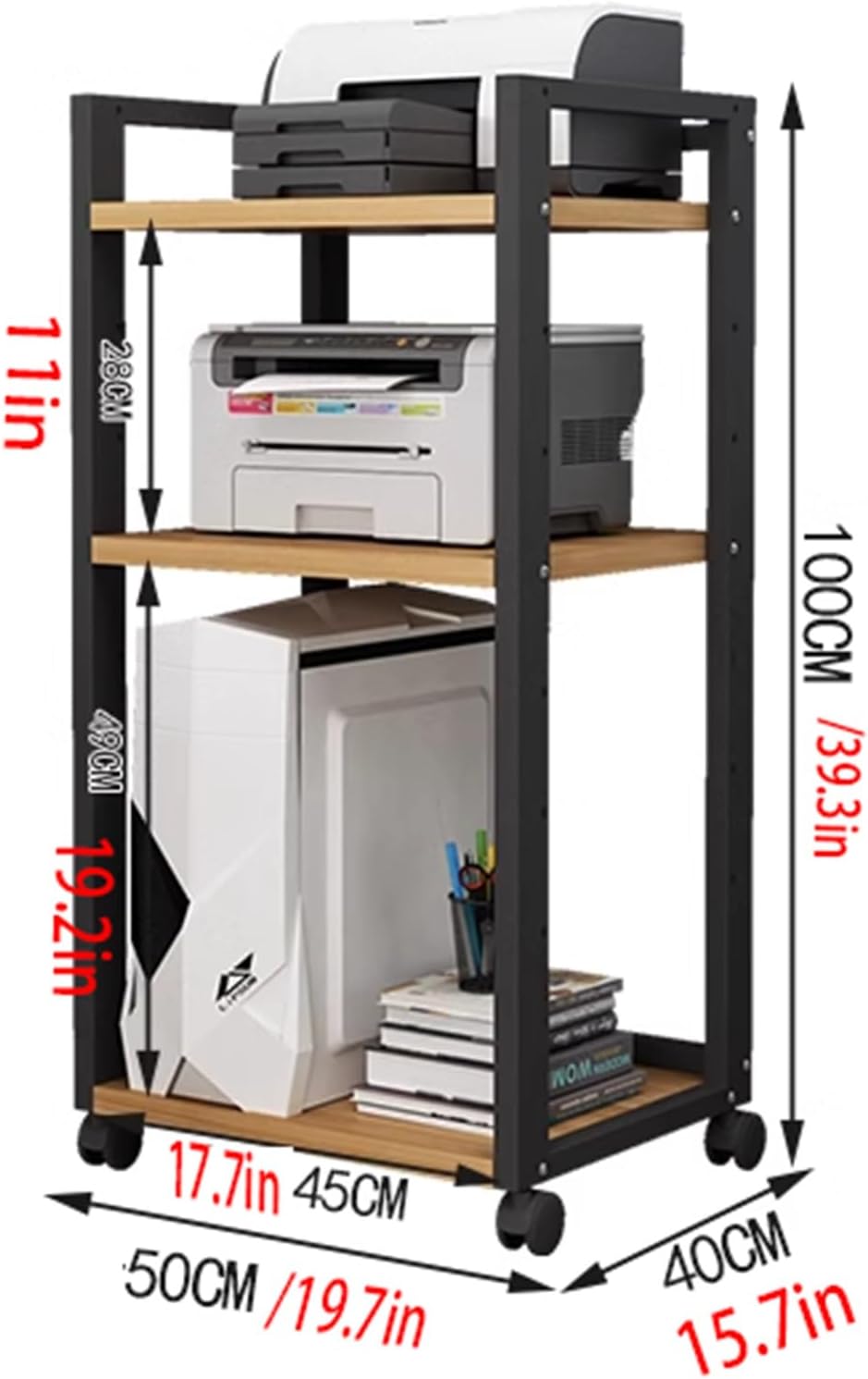 Open Multifunction 3 Tier Movable Storage Cart DVD CD Player Stand Amplifier Rack Audio Video Component Media Stand with 3 Adjustable Wooden Board Shelves for Home/Office/DJ/Theater ( Color : B )
