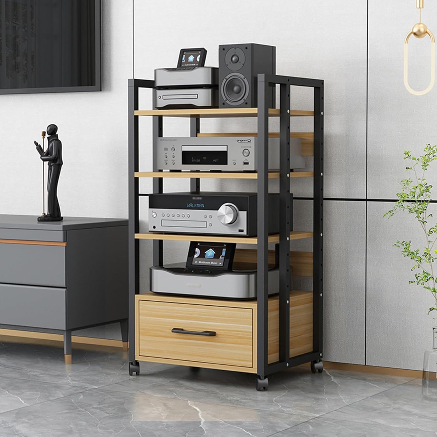 Media Stand 2/3/4-Tier Movable AV Media Stand Corner Shelf Record Player Stand Stereo Component Cabinet Audio Rack Tower with Height Adjustable Wooden Shelves and Drawer for Home/Office/Thea