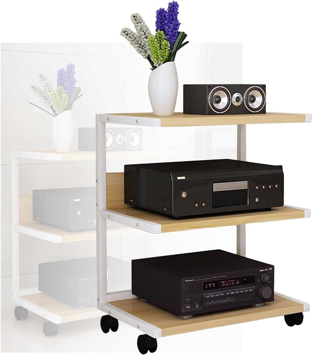 YLQFGUVWK AV Media Stand 3 Tiers Wooden Corner Shelf Assembly Cabinet Stereo Rack Audio Tower with Height Adjustable Wooden Stand for Home/Office/Audio Video (Color : White