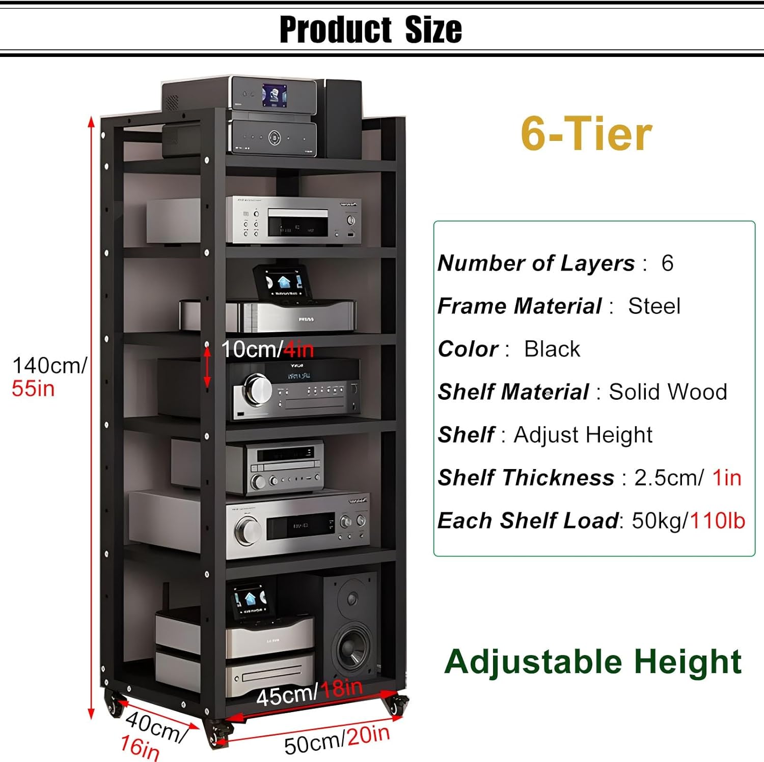 SRNSAEB 55Inch/ 140cm Tall Audio Rack Mount Steel & Solid Wood Cabinet