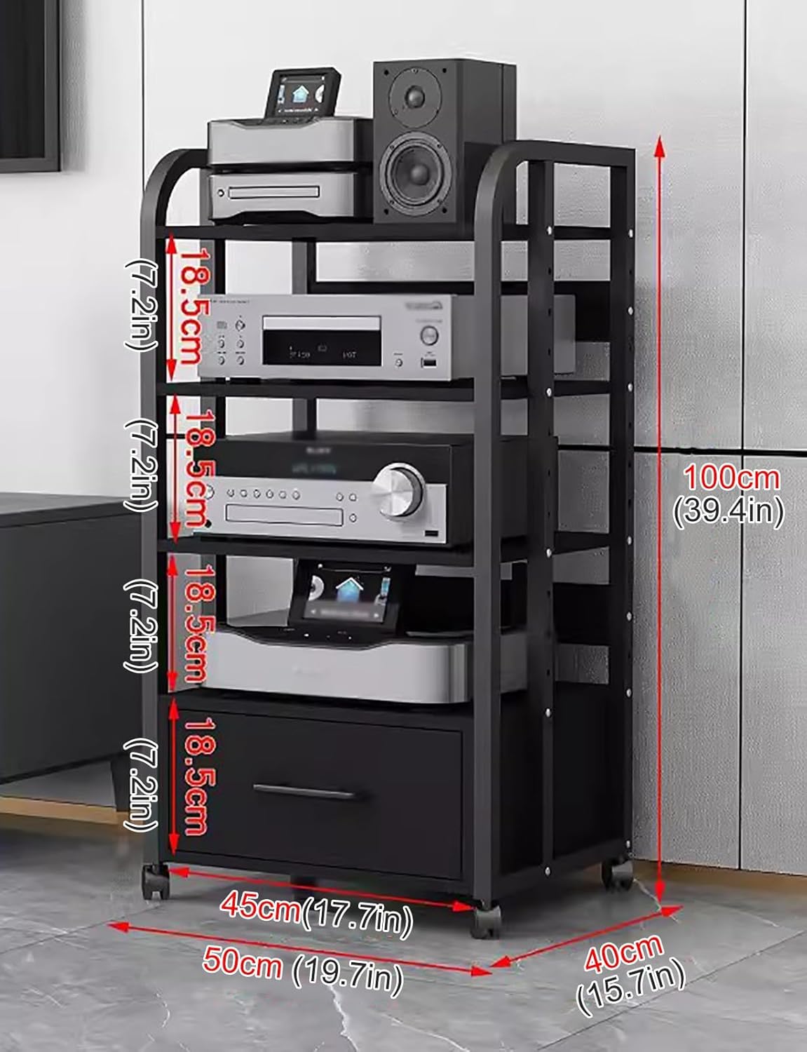 JYHHCYS Home Stereo Rack System with Height-Adjustable Shelf & Wheels