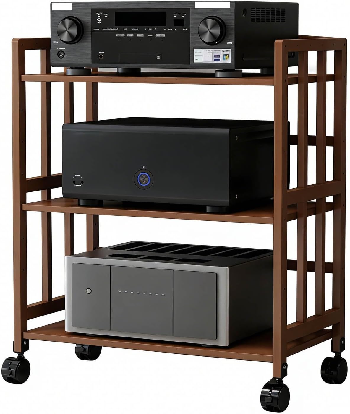 Three-Level Speaker Equipment Holder Bamboo Audiovisual Device Movable Adjustable Storage Rack Suitable Home Theater Living Room Study(38x50x88cm)