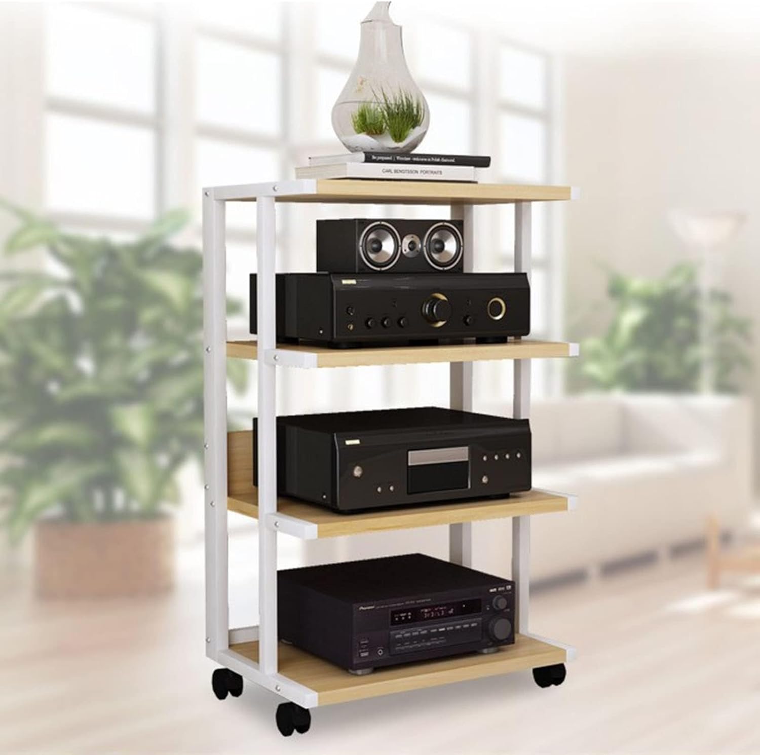 BXKCFYBSQ 4-Tier Mobile AV Media Stand Corner Stand Stand Wooden Corner Frame Component Cabinet Stereo Rack Audio Tower with Height Adjustable Wooden Stand for Home Office