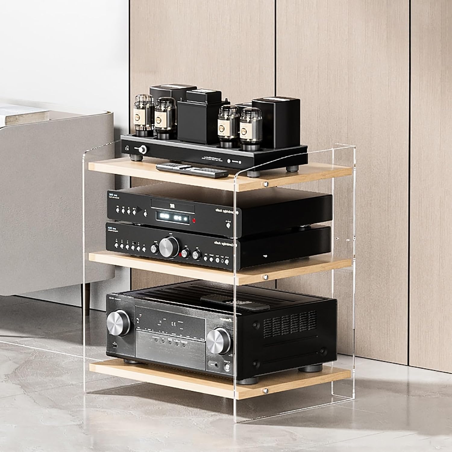 Media Stand Gaming Shelf Tall Audio Video Rack Cabinets Entertainment Stereo Stand Media Tower AV Media Stand Corner Shelf for Livingroom Gameroom Recording Studio Bedroom.(Original wood