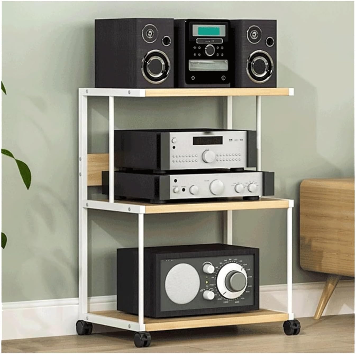 XMFBSY Medios Audio Rack Tower with Wheels HiFi Stand Movable Record Player DVD CD Game Equipment Console Shelves Heavy Duty Stereo Rack for Home Office Organizer(White