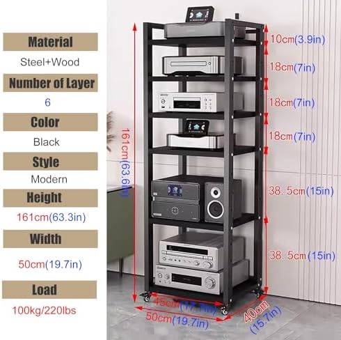 UYCVT Heavy Duty Media Storage Cabinet - 7-Tier Adjustable Audio-Video Rack with Rolling Shelves for Living Room Home Office - Tall Stereo Components Stand in Stylish Design-Black-#2-6 Tier
