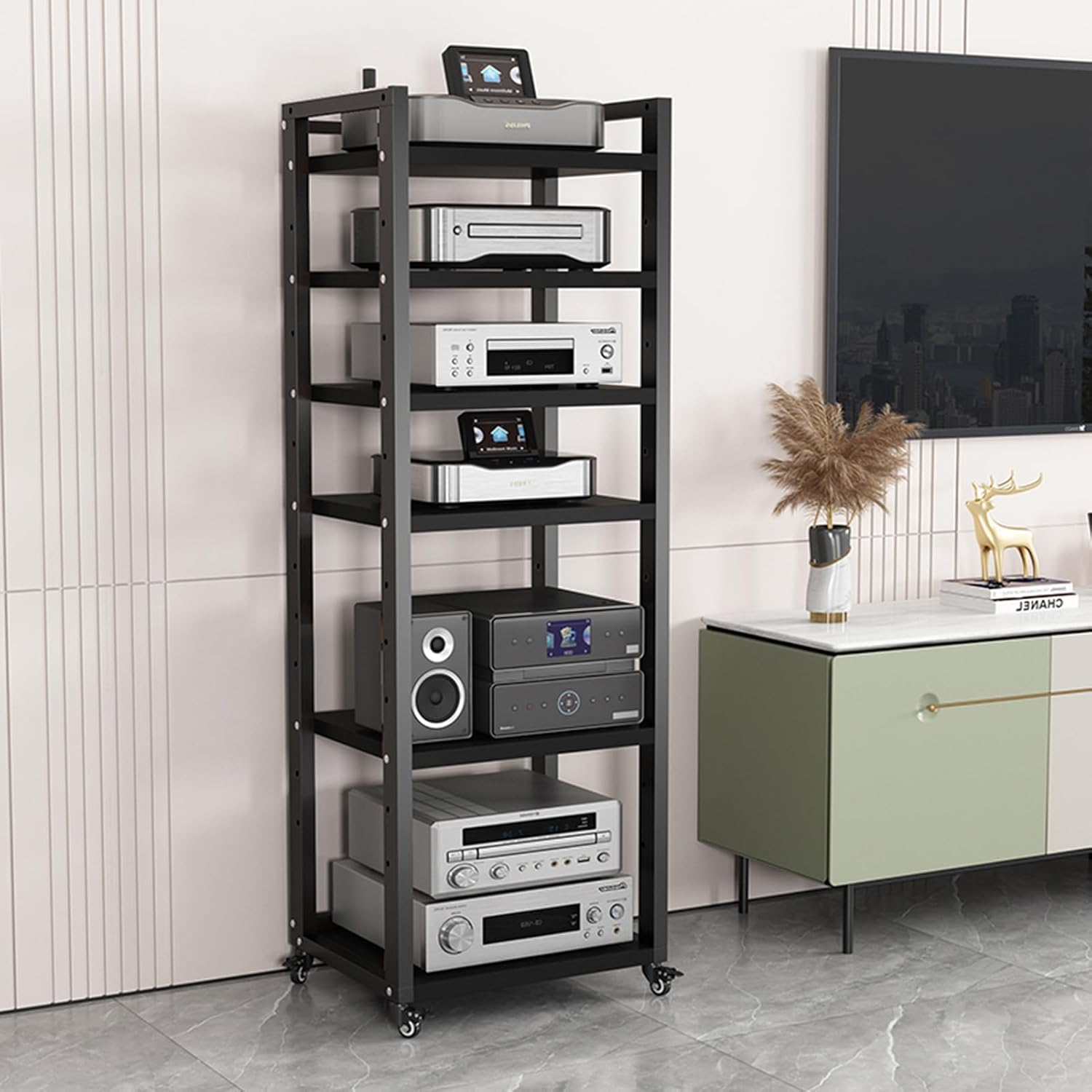 6-Tier AV Media Stand Corner Shelf/Video Component Cabinet with Height Adjustable Wooden Shelf