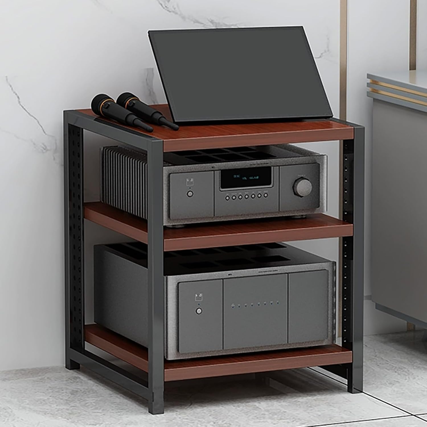 UYCVT Av Media Stand Cabinet Adjustable Shelf Audio Rack with Open Storage Sturdy Steel Frame Entertainment Media Rack Multifunctional Display Shelf for Home Theater Brown-Brown-3 Tier 50x40x40CM