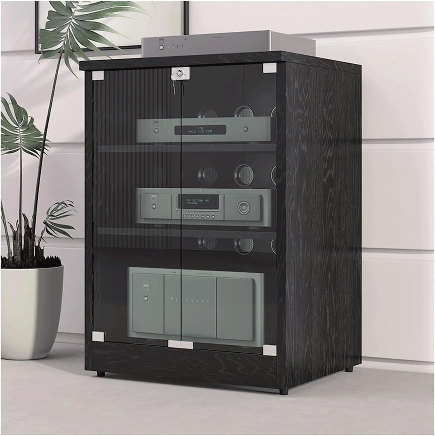 PZEOB Wooden Audio Rack Stand Audio Video Media Stand for Home Office Media Storage Cabinet with Glass Doors and Adjustable Shelves(Black