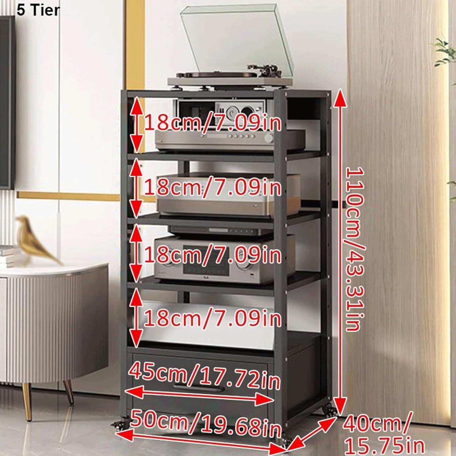 PZEOB Audio-Video Shelving Media Stand with Drawer Audio Rack Stereo Cabinet Adjustable Media Storage Shelves with Wheels Stereo Stands(Rojo