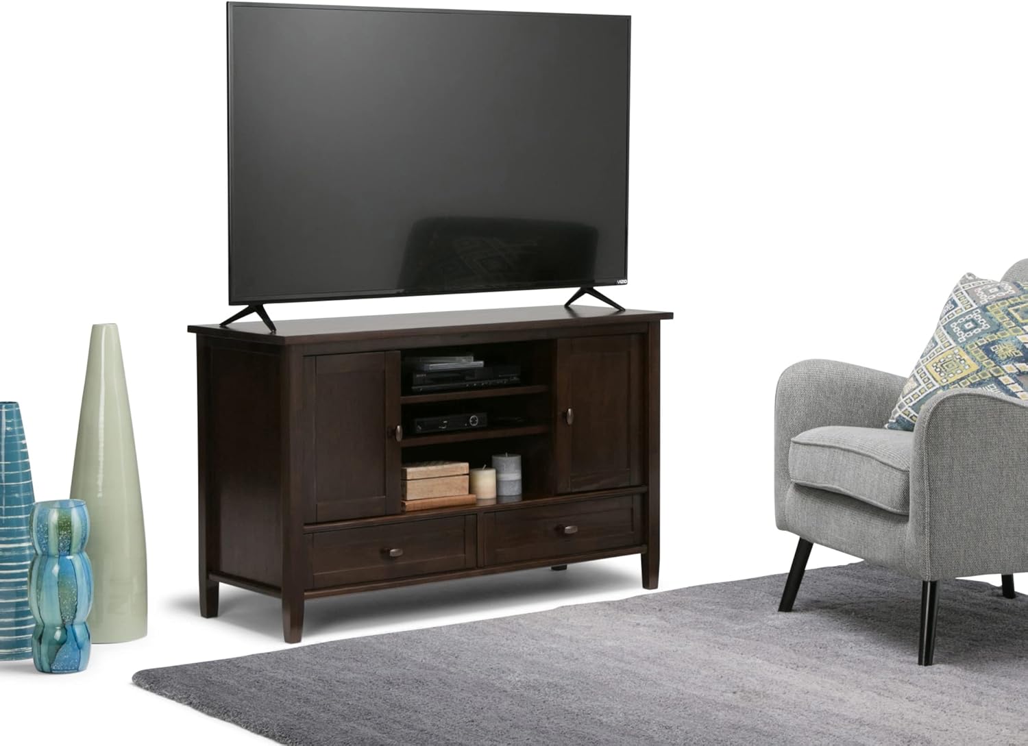 SIMPLIHOME Warm Shaker SOLID WOOD 47 Inch Wide Transitional TV Media Stand in Tobacco Brown for TVs up to 50 Inches